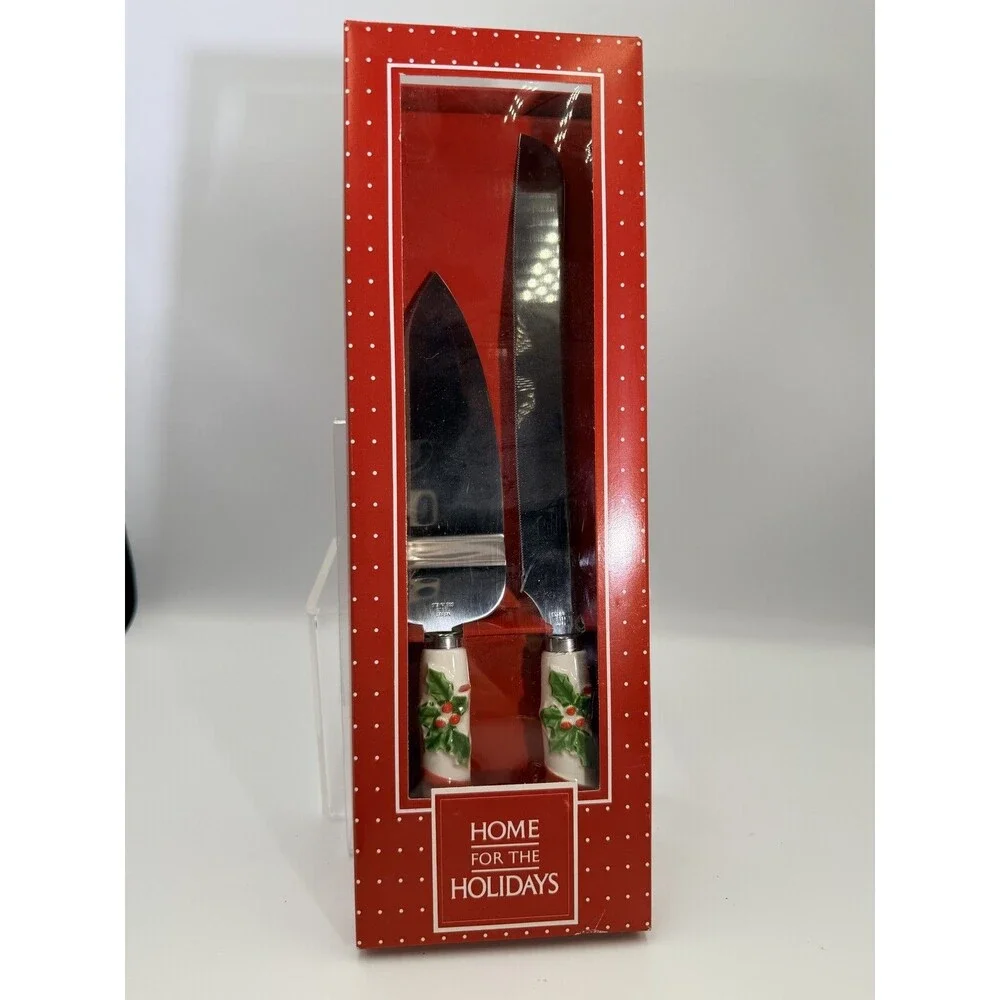 NIB Home for the Holidays Christmas Cake Server Knife Set Porcelain Candy Cane